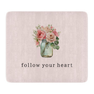 Pink Roses Floral Mason Jar Cutting Board