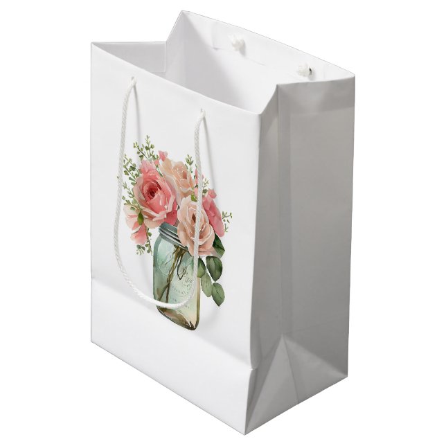 Pink Roses Floral Mason Jar Medium Gift Bag (Front Angled)