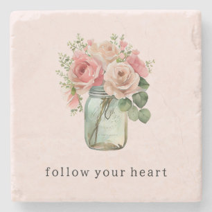Pink Roses Floral Mason Jar Stone Coaster
