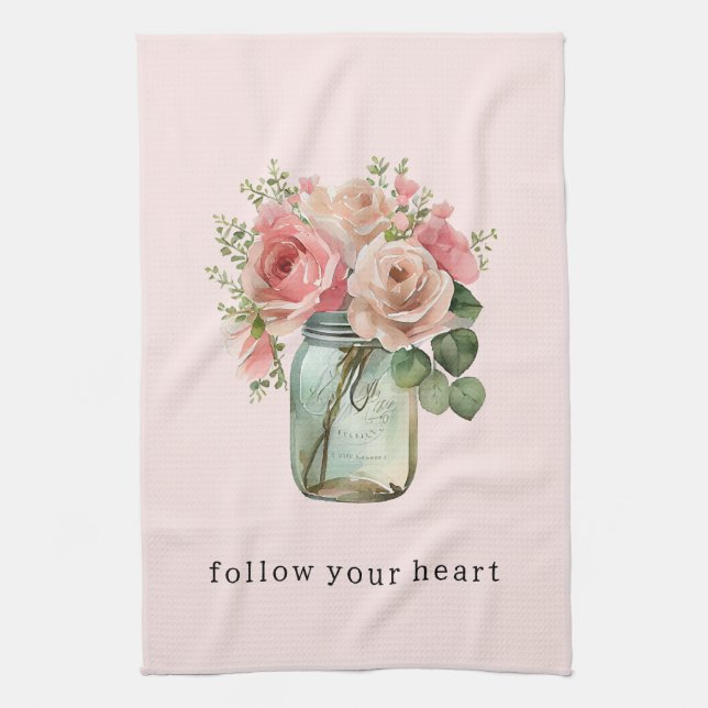 Pink Roses Floral Mason Jar Tea Towel (Vertical)