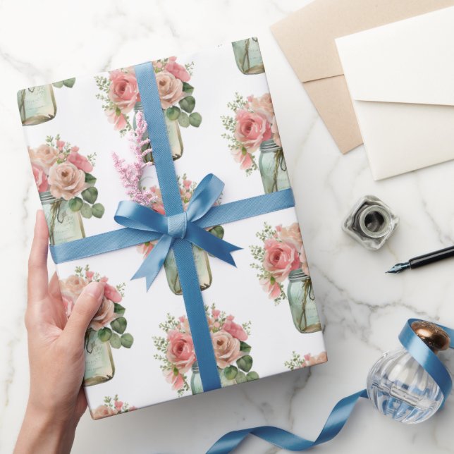 Pink Roses Floral Mason Jar Wrapping Paper (Gifting)