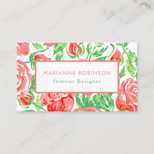 Pink Roses Floral Modern Business Card (Front)