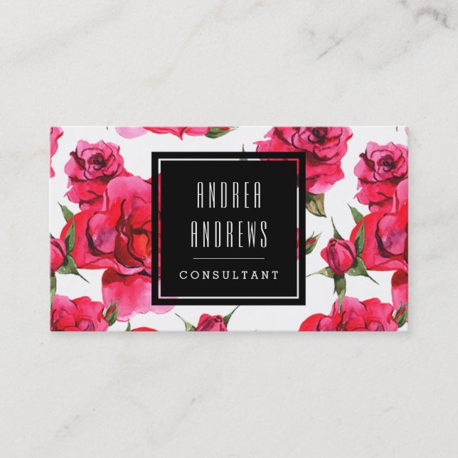 Pink Roses Floral Modern Consultant Business Card (Front)