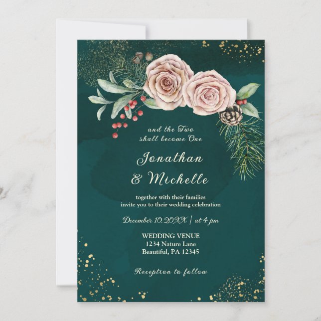 Pink Roses Floral on Green Christian Wedding Invitation (Front)
