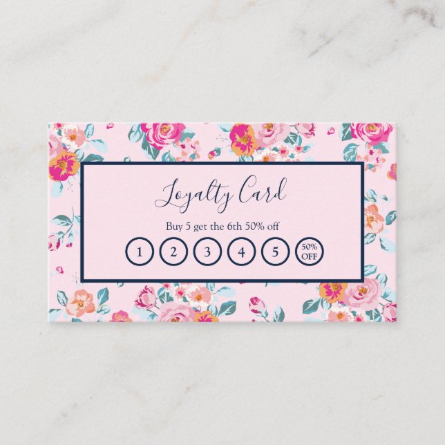 Pink Roses Floral On Navy Blue Loyalty Punch Card (Front)