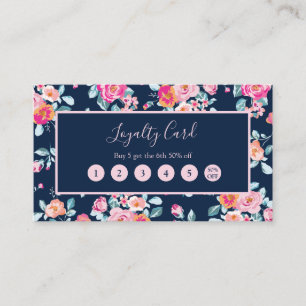Pink Roses Floral On Navy Blue Loyalty Punch Card