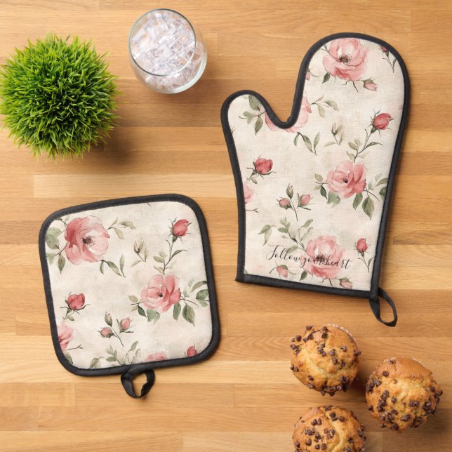 Pink Roses Floral  Oven Mitt & Pot Holder Set (Top Down)