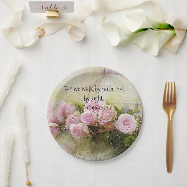 Pink Roses Floral Paper Plate Faith Scripture  (Wedding)