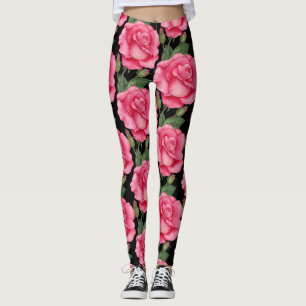 Pink Roses Floral Pattern Black Background Leggings