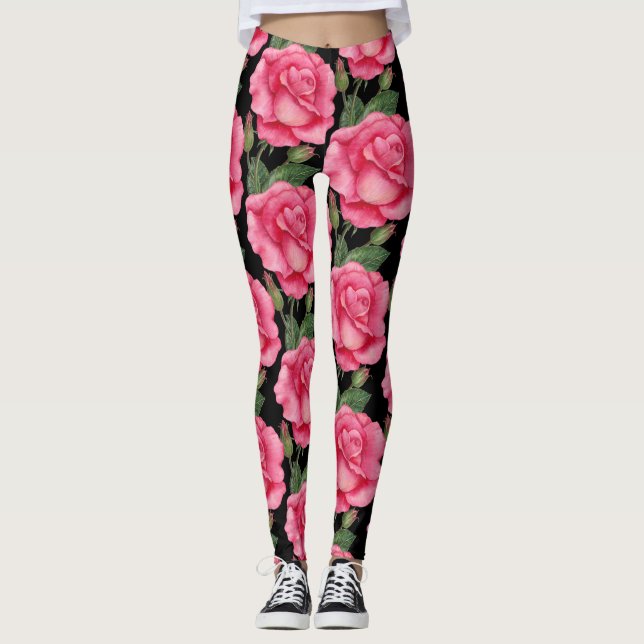 Pink Roses Floral Pattern Black Background Leggings (Front)