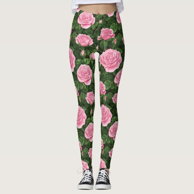 Pink Roses Floral Pattern Leggings (Front)