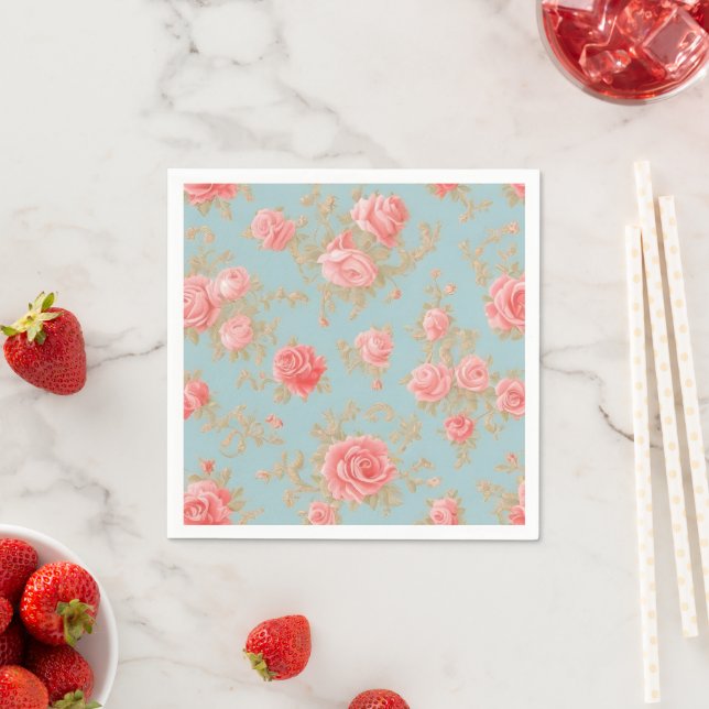 Pink Roses Floral Pattern Napkin (Insitu)