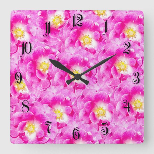 Pink roses floral pattern square wall clock (Front)