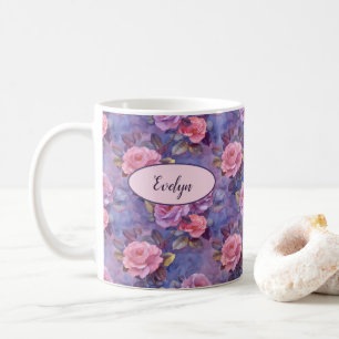 Pink Roses Floral Personalised Coffee Mug Custom
