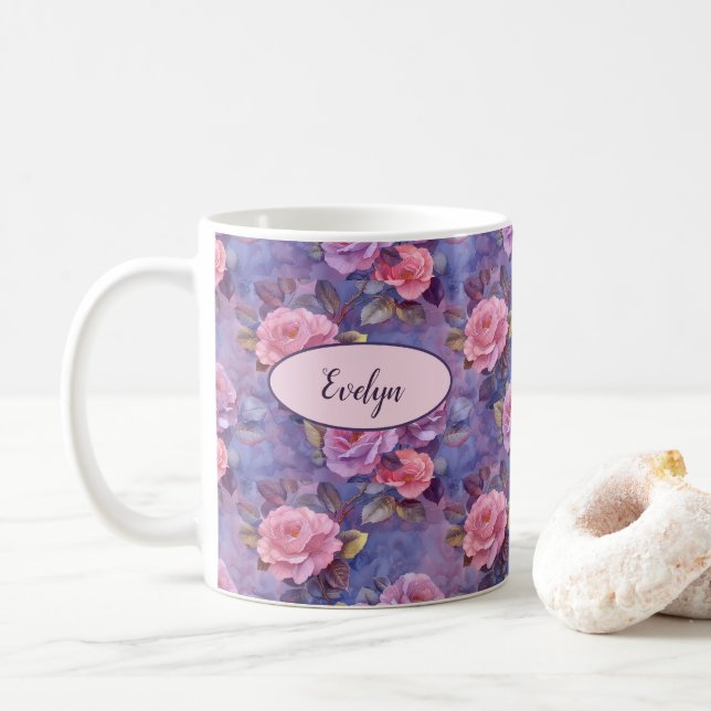 Pink Roses Floral Personalised Coffee Mug Custom (With Donut)