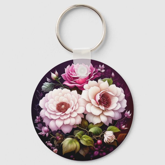 Pink Roses Floral Personalised Key Ring (Front)