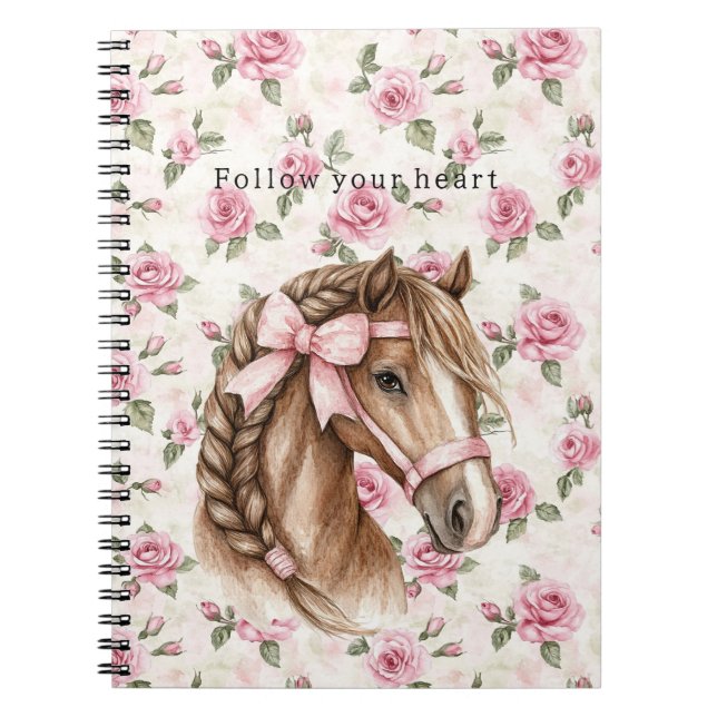 Pink Roses Floral Pretty Horse Pink Bow Notebook (Front)