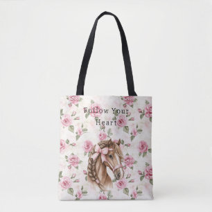 Pink Roses Floral Pretty Horse Pink Bow Tote Bag