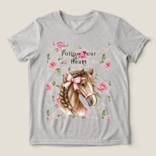 Pink Roses Floral Pretty Horse Pink Bow Tri-Blend Shirt