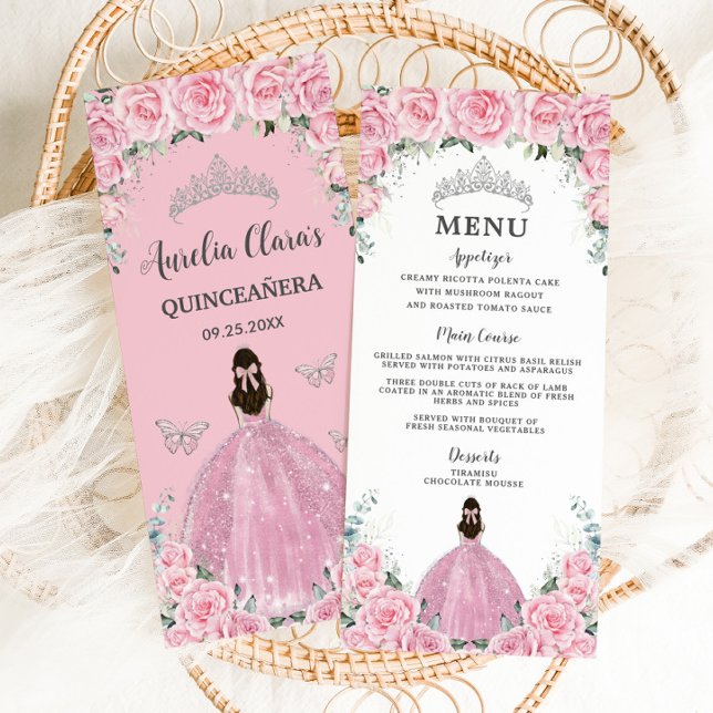 Pink Roses Floral Princess Dress Quinceañera Menu (Creator Uploaded)
