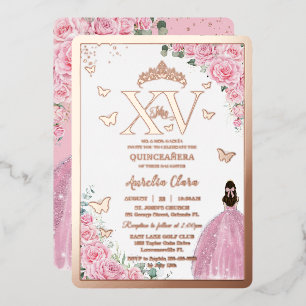 Pink Roses Floral Quinceanera Mis XV Rose Gold