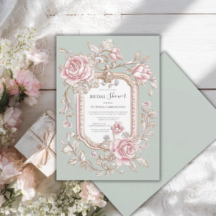 Pink Roses Floral Sage Green Vintage Bridal Shower Invitation