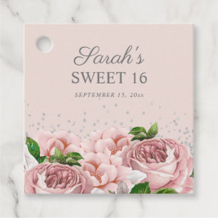Pink Roses Floral Silver Glitter Sweet 16  Favour Tags