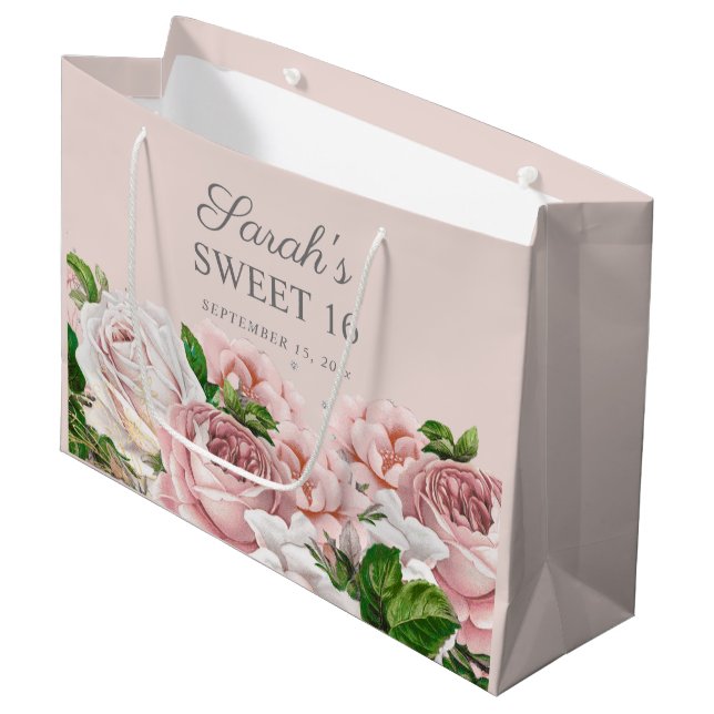 Pink Roses Floral Silver Glitter Sweet 16  Large Gift Bag (Front Angled)