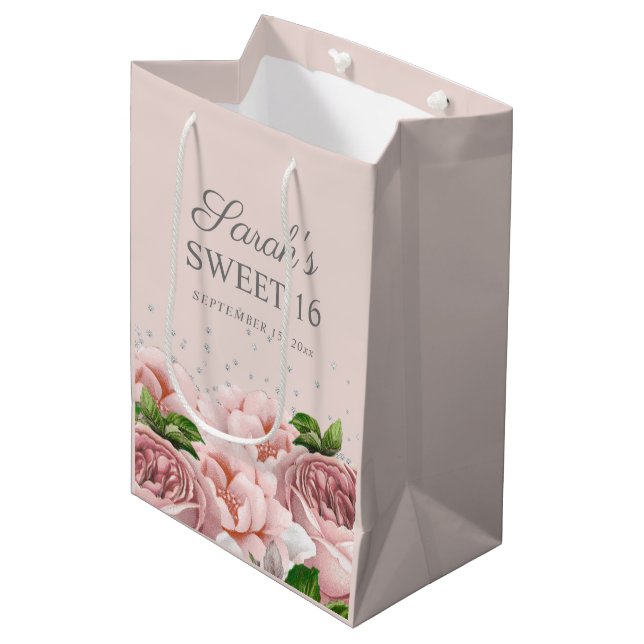 Pink Roses Floral Silver Glitter Sweet 16  Medium Gift Bag (Front Angled)