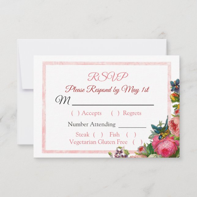 PInk Roses Floral Striped  Wedding RSVP card (Front)