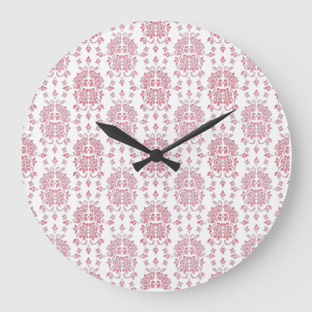 Pink Roses Floral Style Damask Pattern Large Clock (Front)