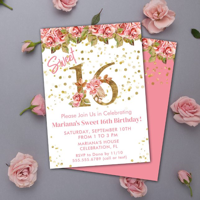Pink Roses Floral Sweet 16 Birthday Party Invitation (Creator Uploaded)