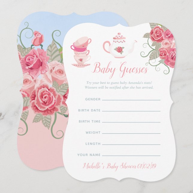 Pink Roses Floral Tea Party Baby Shower Guesses Invitation (Front/Back)