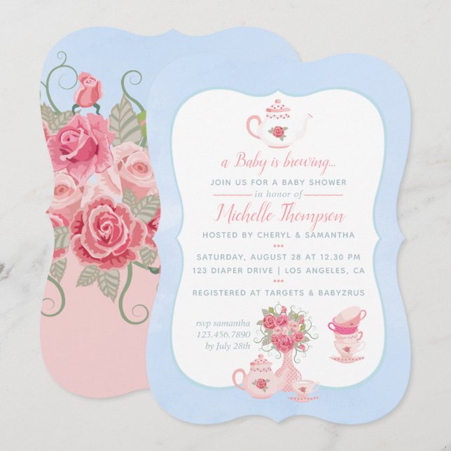 Pink Roses Floral Tea Party Baby Shower Invitation (Front/Back)