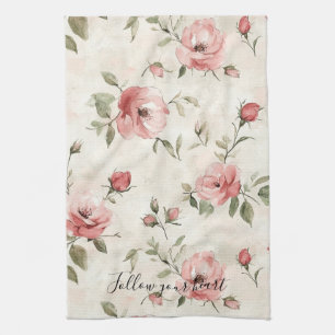 Pink Roses Floral  Tea Towel