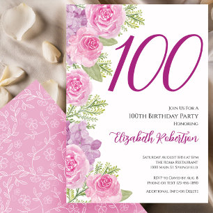 Pink Roses Floral Template 100th Birthday