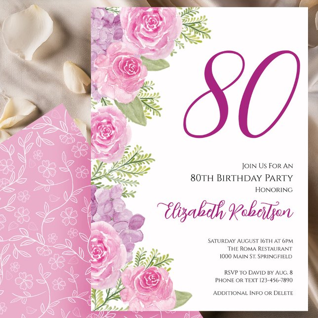 Pink Roses Floral Template 80th Birthday (Creator Uploaded)
