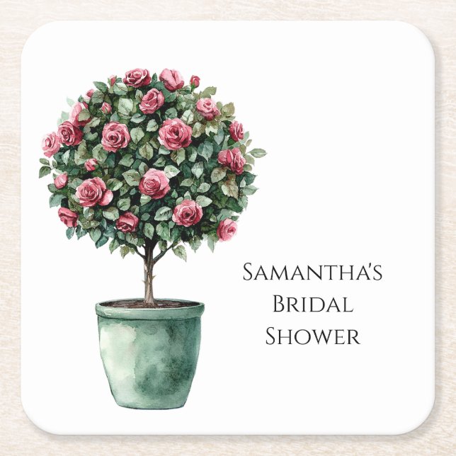 Pink Roses Floral Tree Bridal Shower Square Paper Coaster (Front)