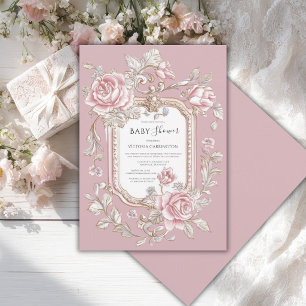 Pink Roses Floral Vintage Baby Shower Invitation