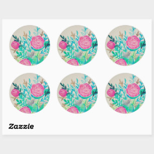  Pink Roses Floral Watercolor Pattern   Classic Round Sticker