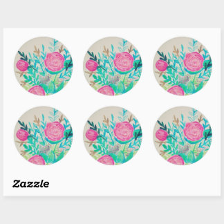 Pink Roses Floral Watercolor Pattern   Classic Round Sticker