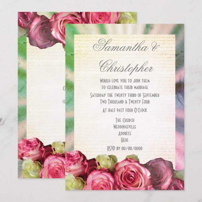 Pink roses floral wedding invitation (Front/Back)