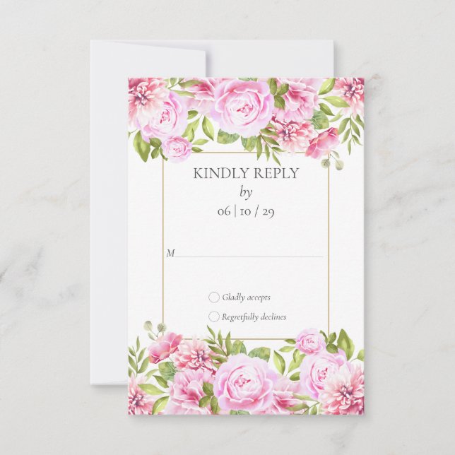 Pink Roses Floral Wedding  RSVP Card (Front)