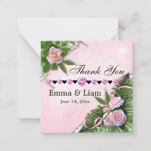 Pink Roses Floral Wedding Thank You Flat Note Card