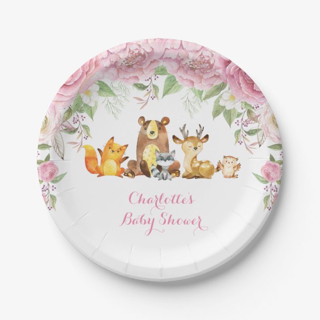 Pink Roses Floral Woodland Baby Shower 7" Plate (Front)