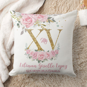 Pink Roses Floral XV QUINCEAÑERA Quince Keepsake Cushion