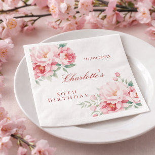 Pink roses florals elegant birthday napkin
