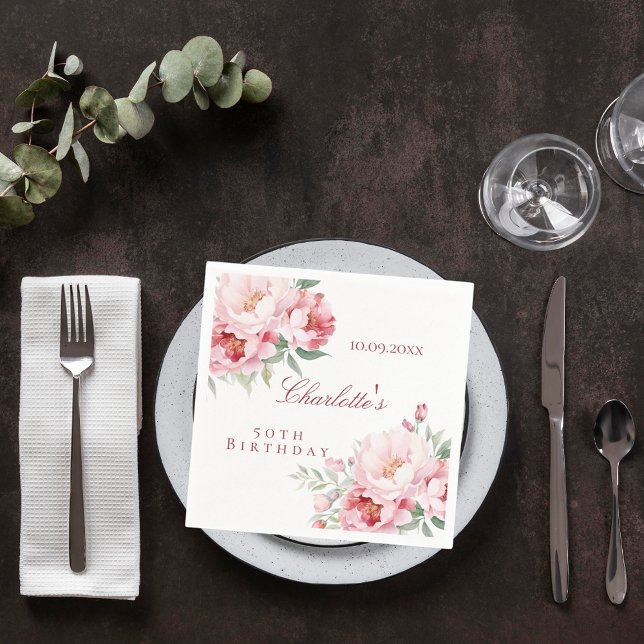 Pink roses florals elegant birthday napkin (Creator Uploaded)
