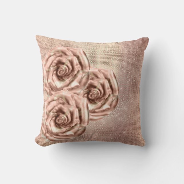 Pink Roses Flower Gold Copper Sequin Grill Cushion (Front)