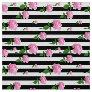 Pink Roses Flower On Black White Stripes Fabric